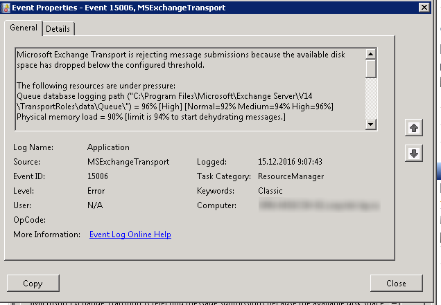 EventID 15006 - MSExchangeTransport rejecting message submissions