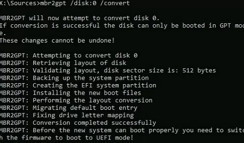 mbr2gpt convert disk partition table during windows setup