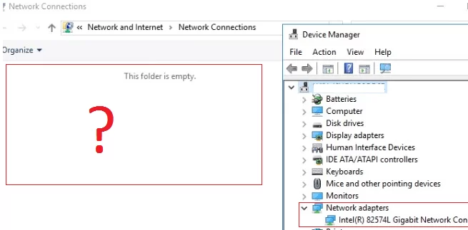 missing network connections icons in Windows